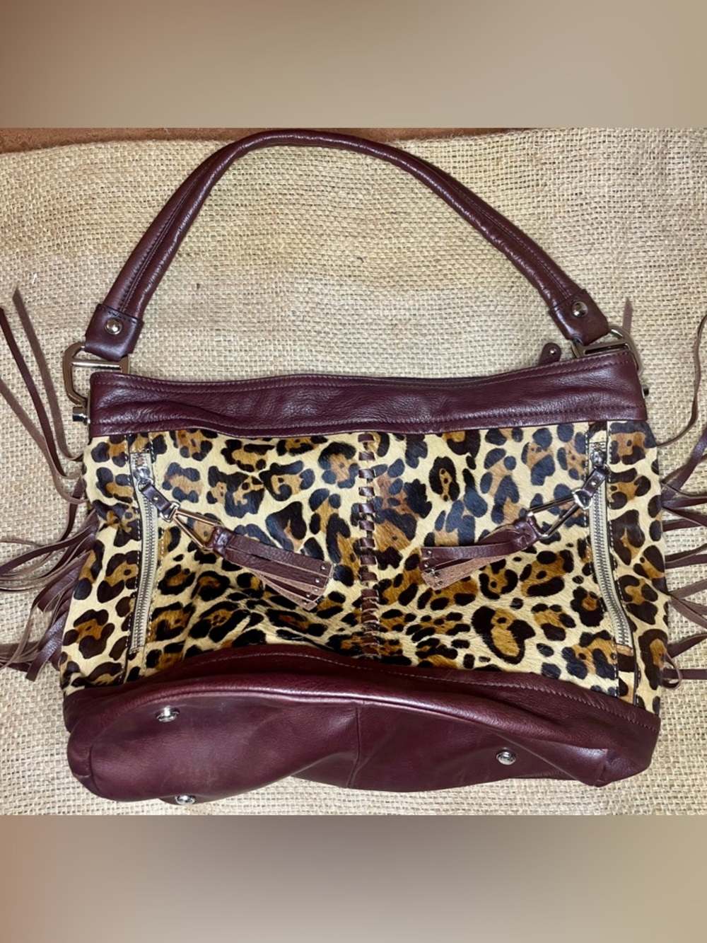 B. Makowsky Andrea leopard print cowhide leather hobo tote‎ purse